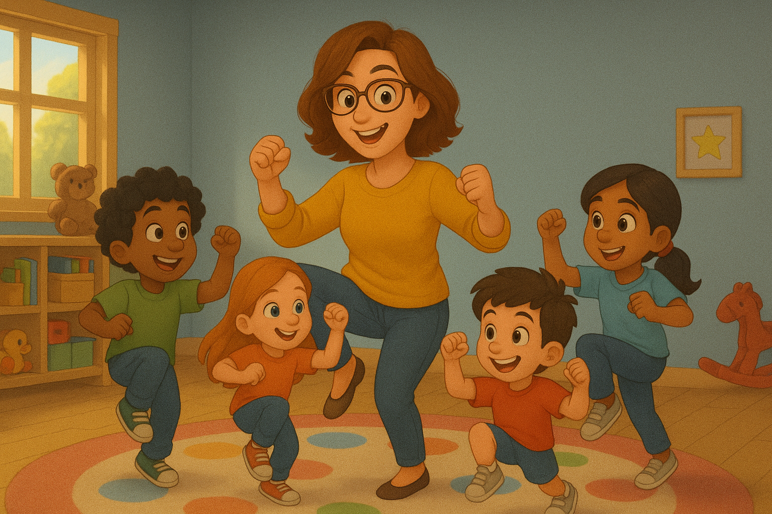 Teacher and children doing physical exercises